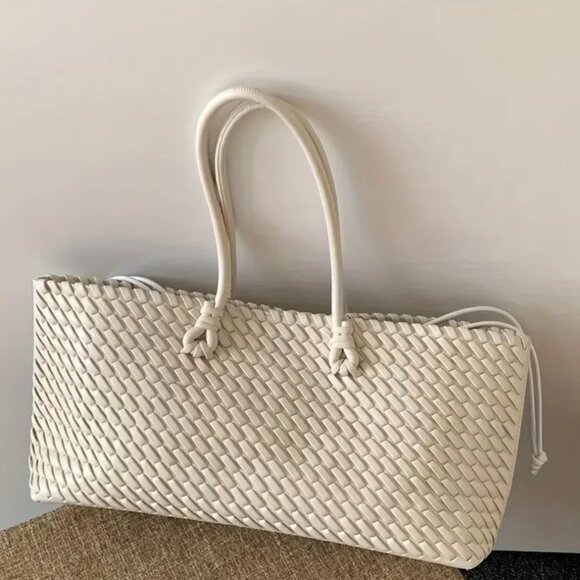 Designer Inspired Cream Beige Woven East-West Style Shoulder HandBag Work Travel - Picture 1 of 4